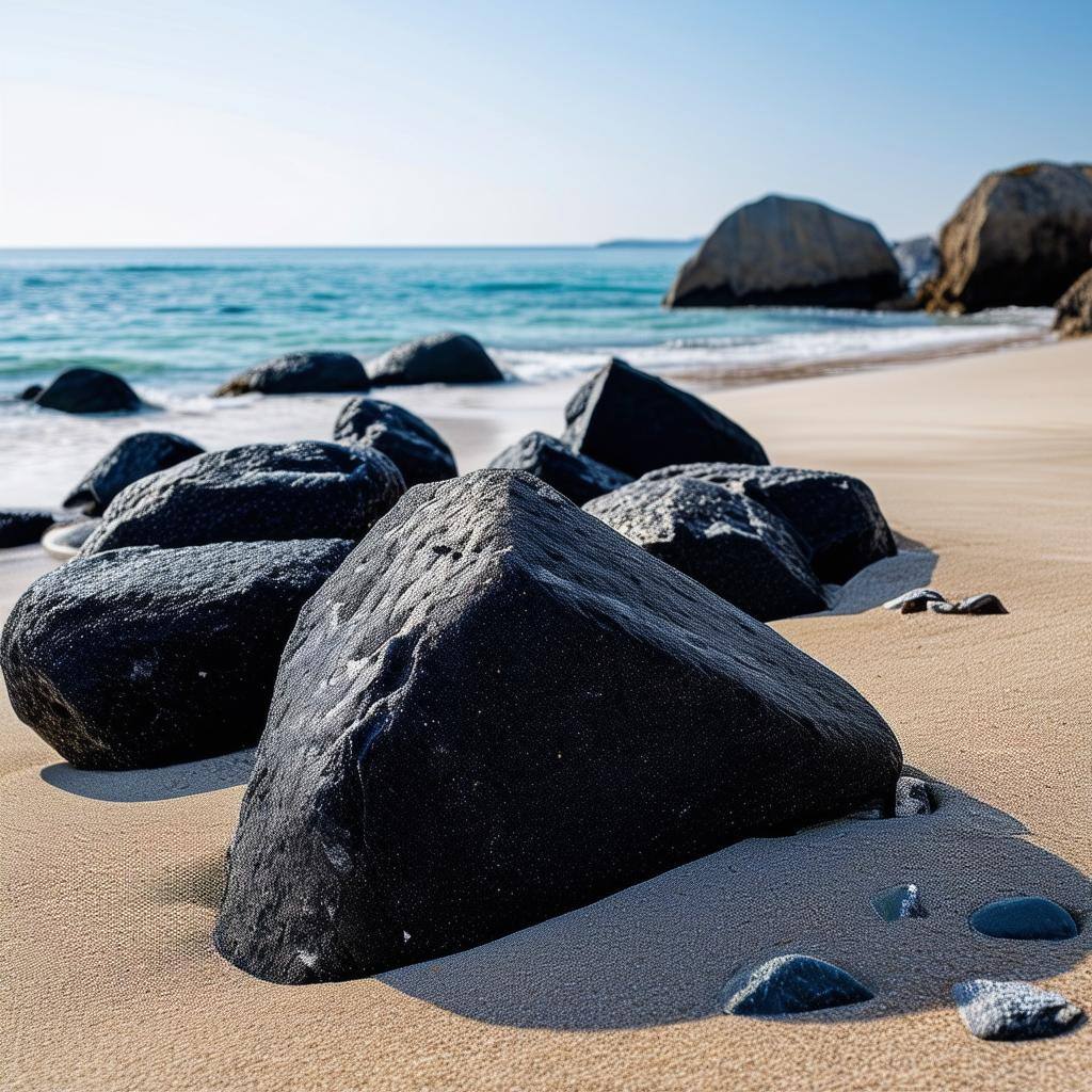 A bunch of sharp black boulders on a beautiful sandy beach